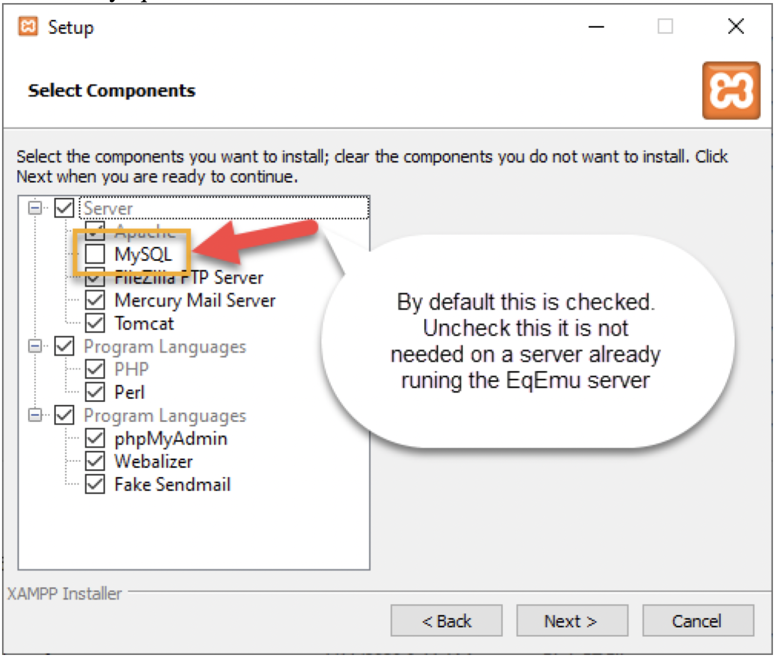 Deselect MySQL before continuing
