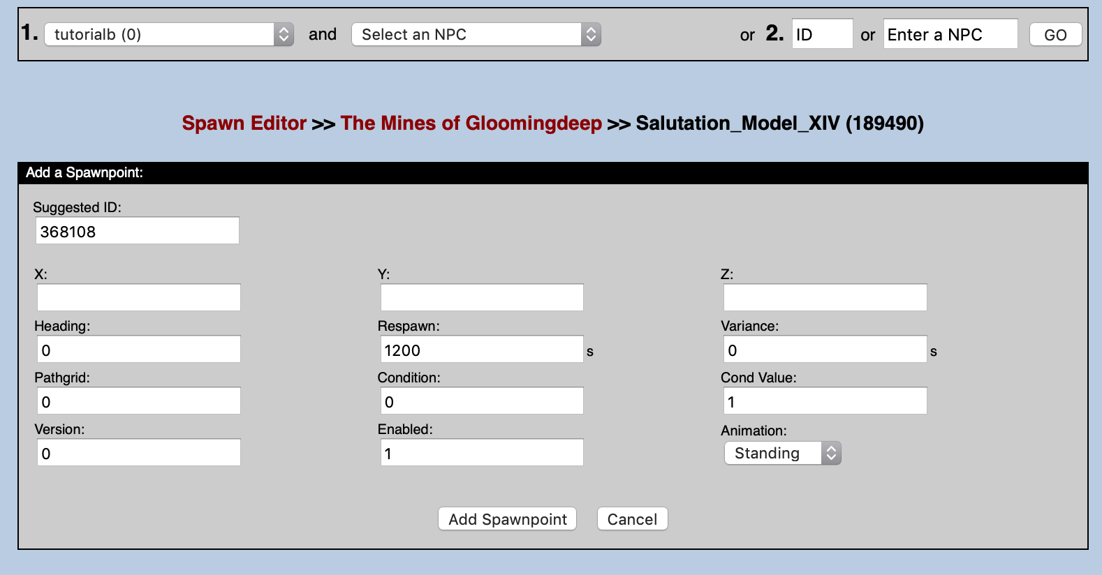 The Spawnpoint editing page in the PEQ Editor