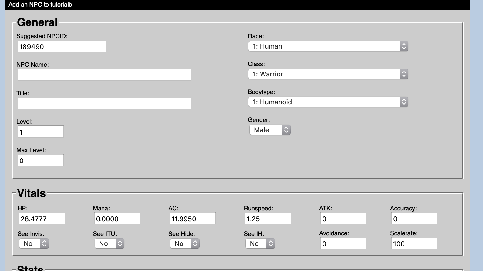 Default settings for our new NPC